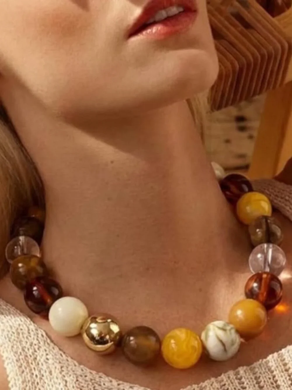 Chunky Amber & Gold Resin Bead Statement Necklace Adjustable Boho Jewelry